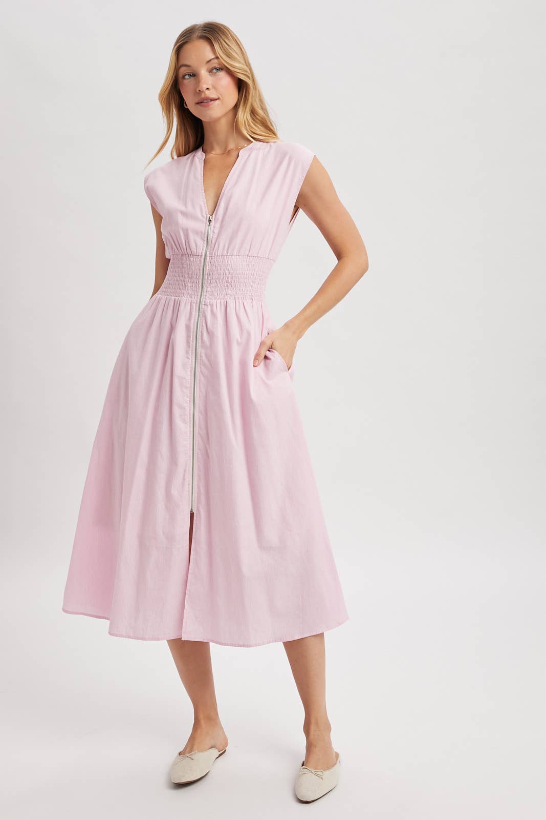 STRIPED FRONT ZIP MIDI DRESS / WL25-12227