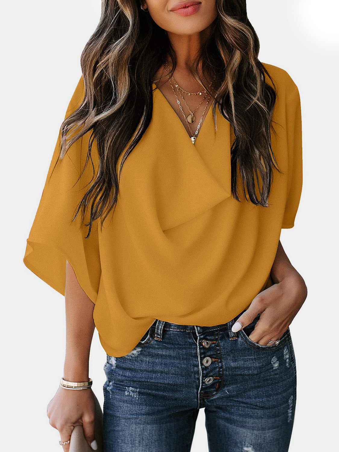 Size Inclusive Cowl Neck Three-Quarter Sleeve Blouse