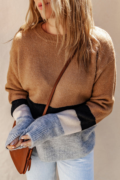 Brown Color Block Striped Ribbed Knit Sweater