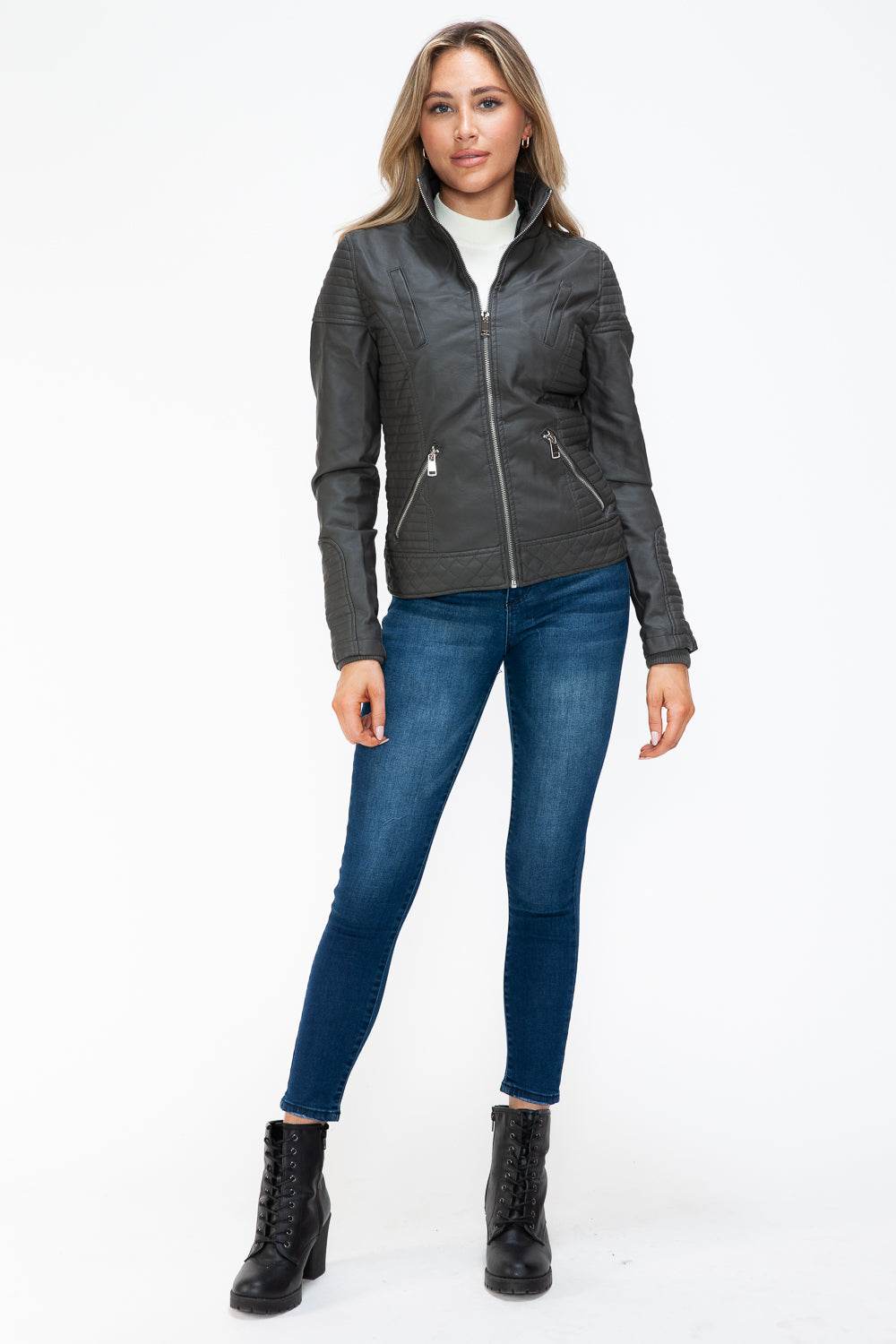 Faux Layered Double-Zipper Jacket with Fuzzy Hood