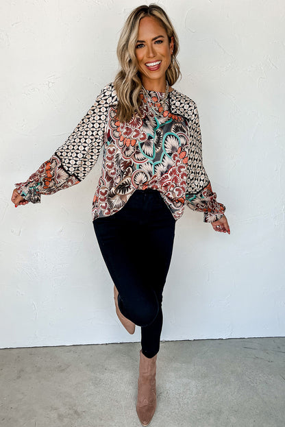 Gia Mixed Floral Geo Print Ruffled Long Sleeve Blouse