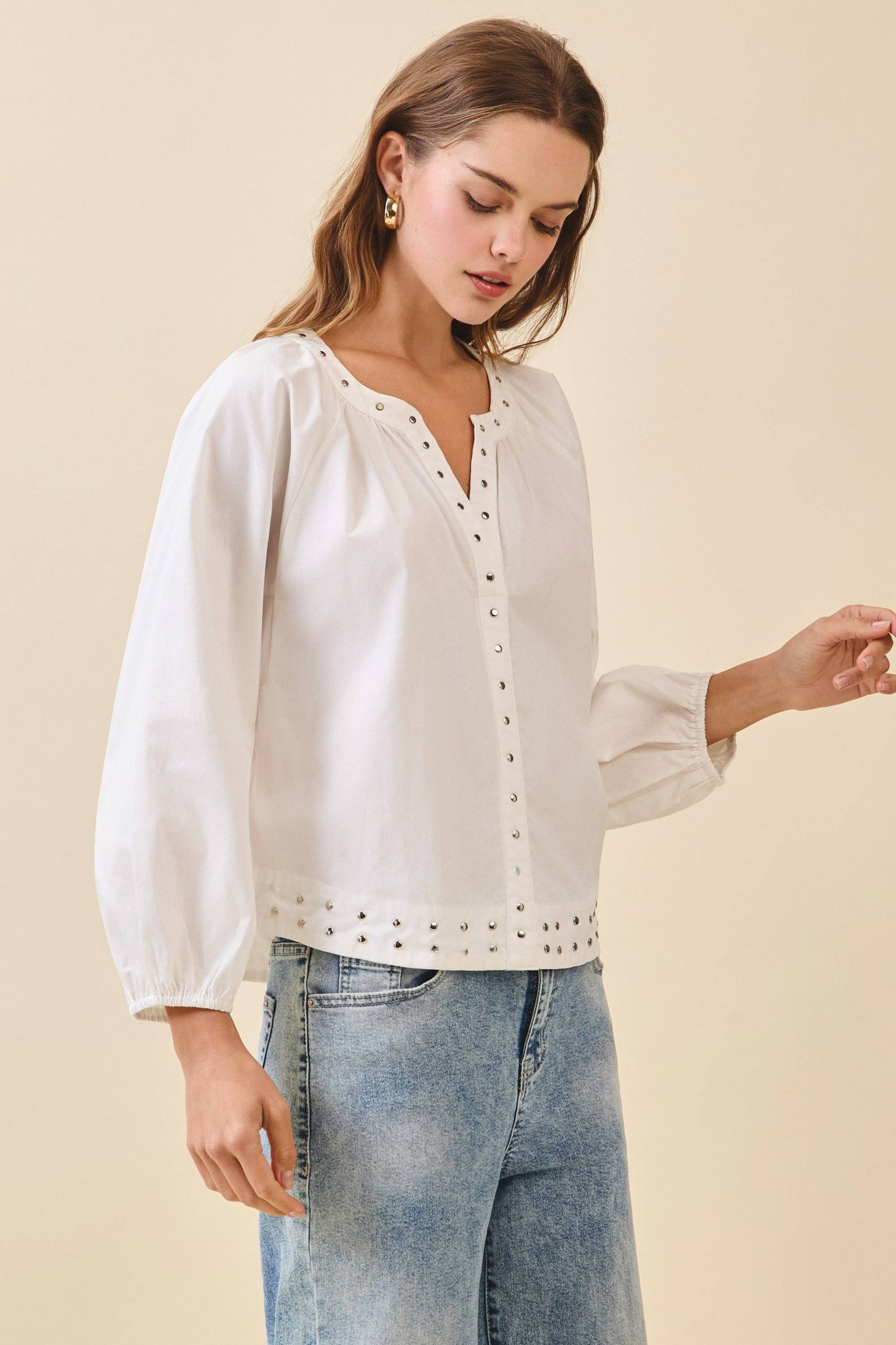 Carissa Silver Stud Embellishments Split Neckline Blouse