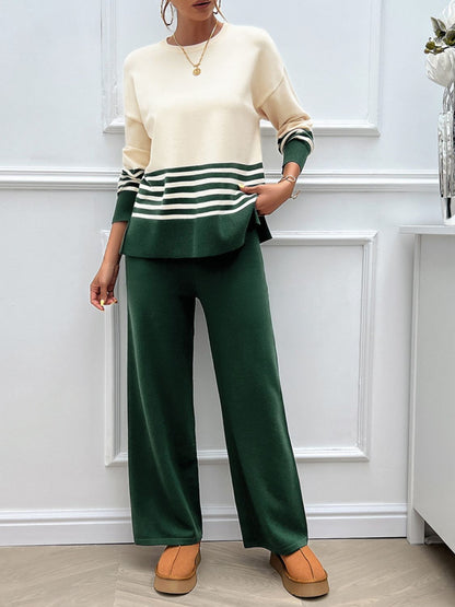 Divine Collection Slit Striped Round Neck Top and Pants Sweater Set