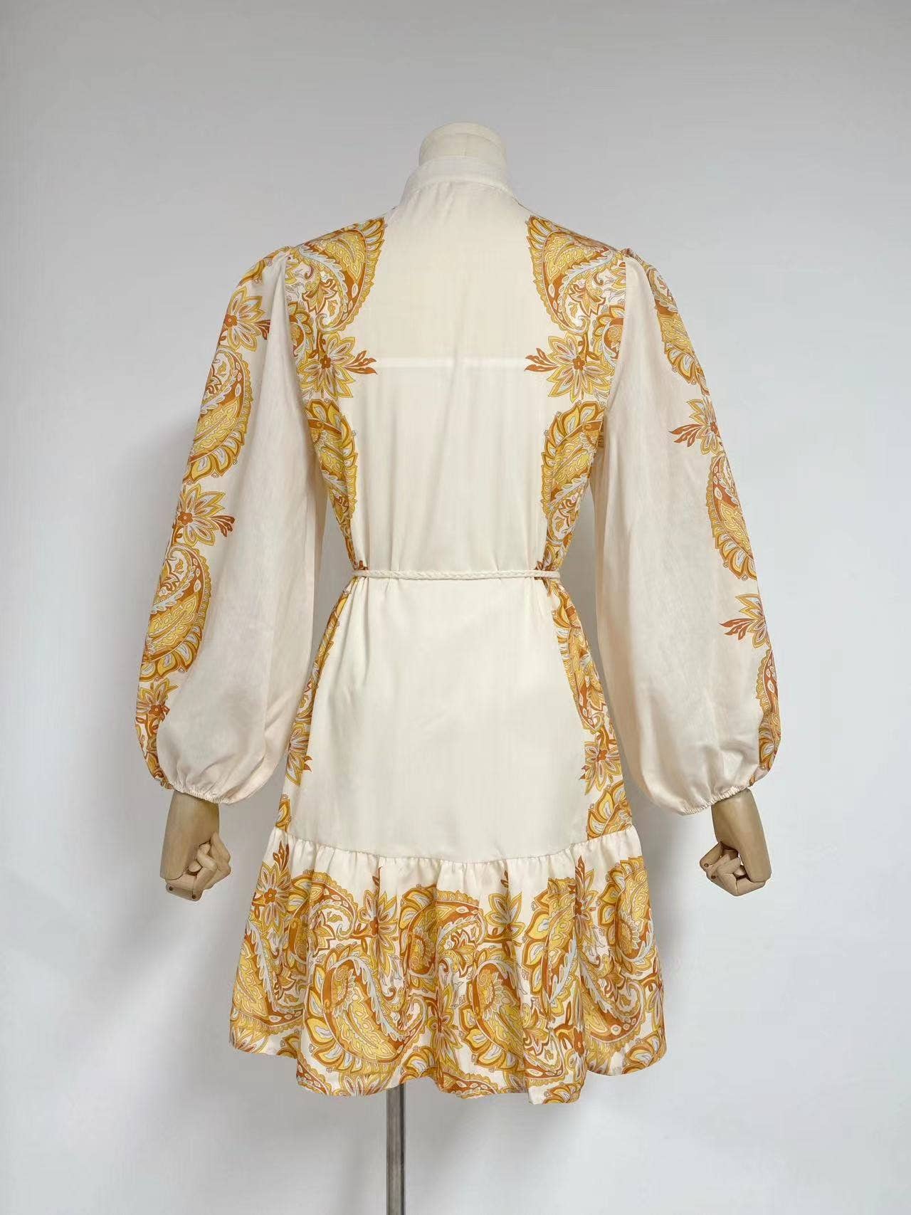 Retro Print Tie-Waist Dress with Lantern Sleeves