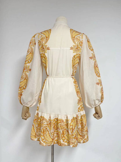 Retro Print Tie-Waist Dress with Lantern Sleeves