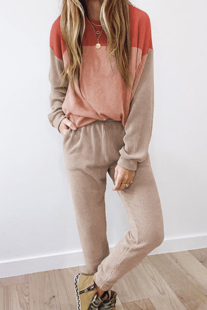 Corded 2 piece Colorblock Pullover and Pants Outfit