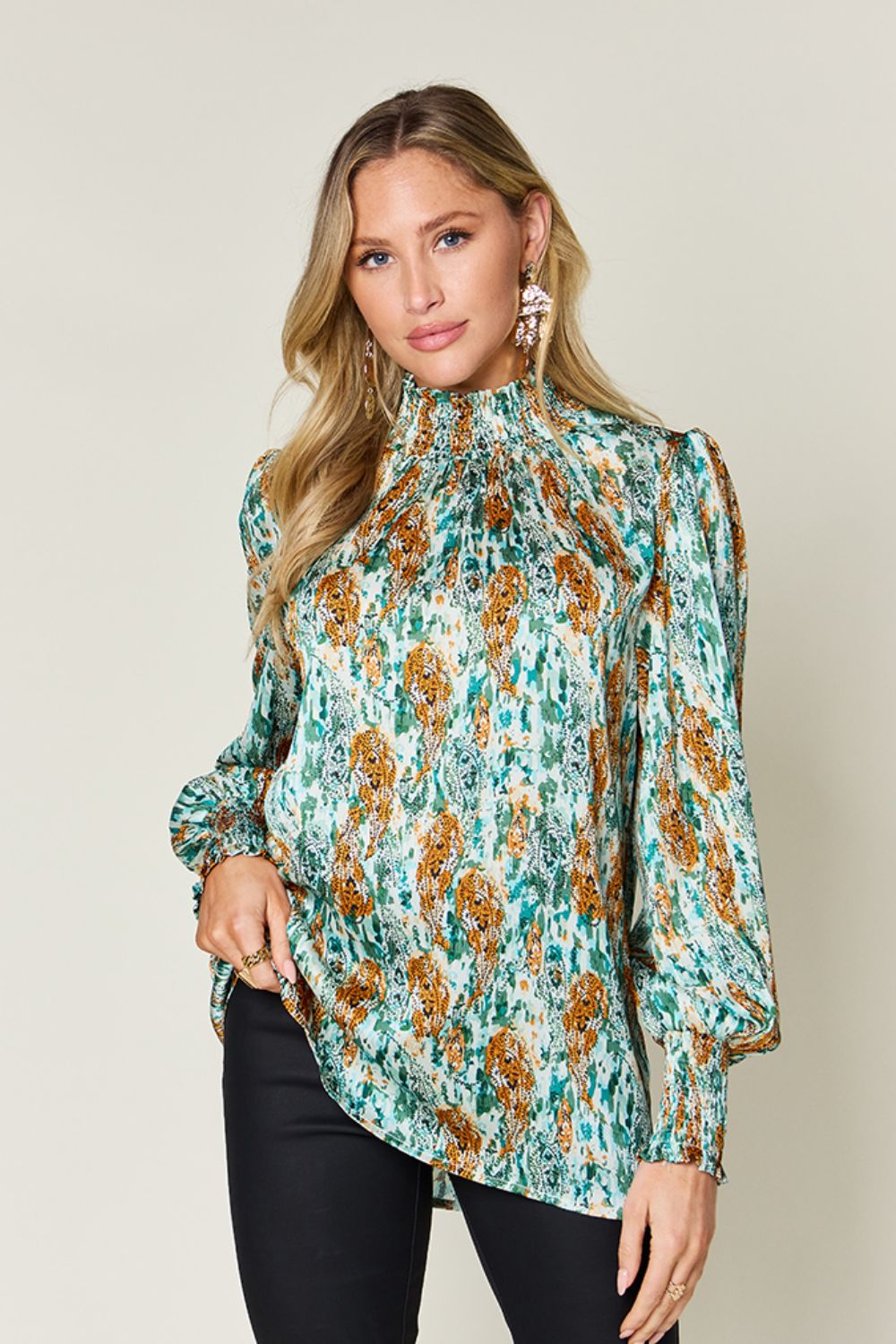 Size Inclusive Printed Smocked Long Sleeve Blouse