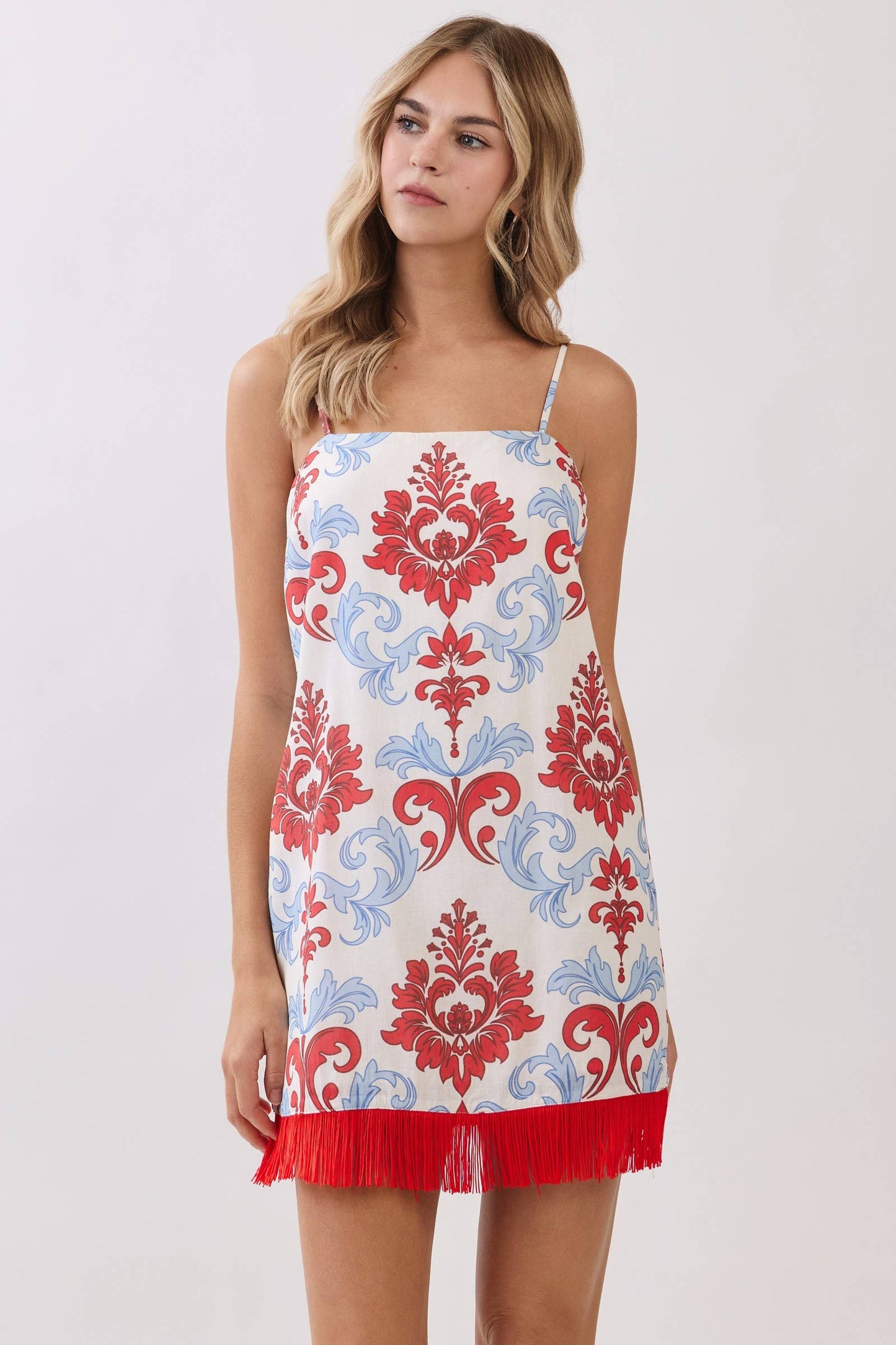 Damask Print Fringe Hem Mini Dress