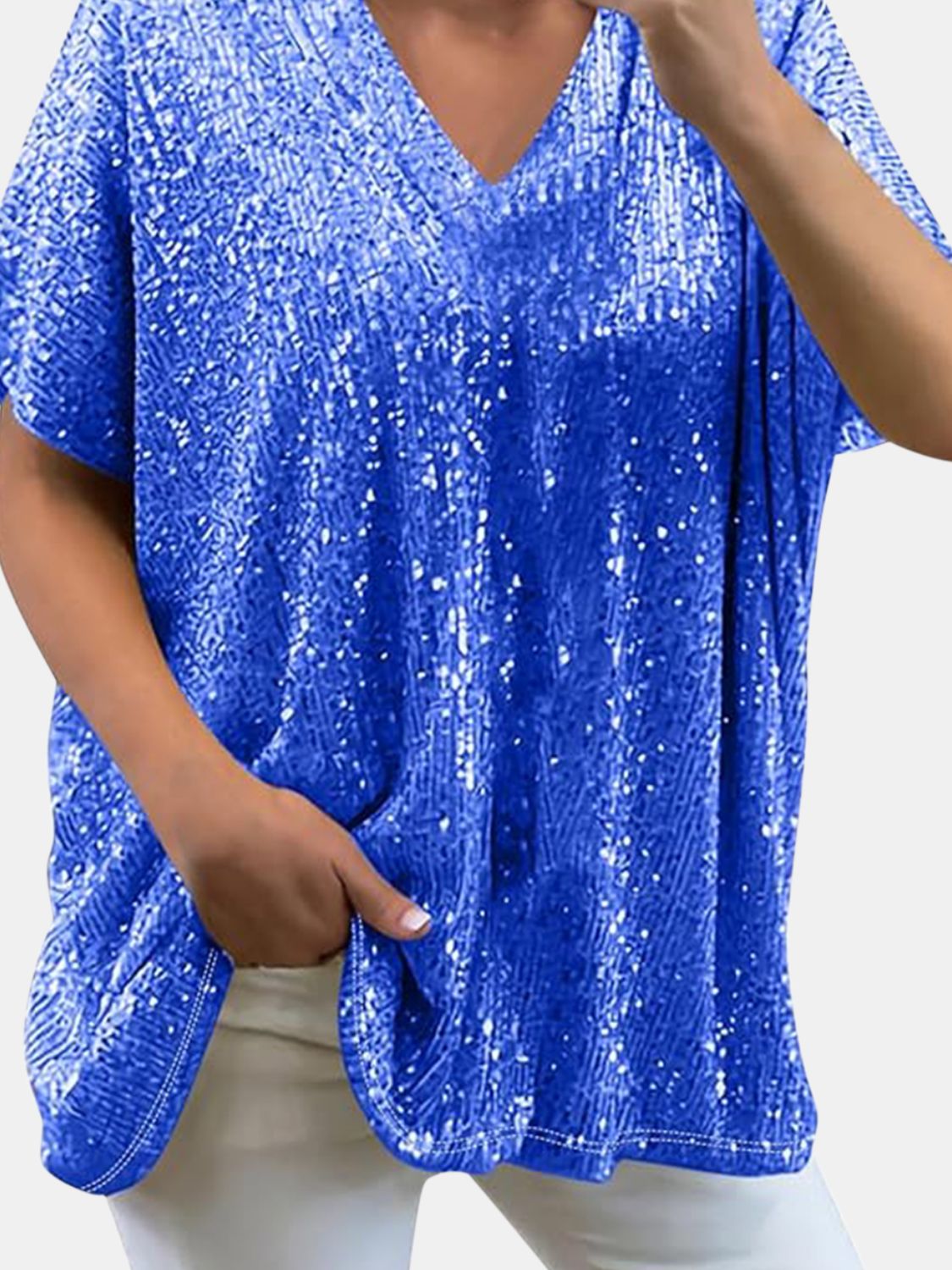 Size Inclusive Sequin V-Neck Short Sleeve Top