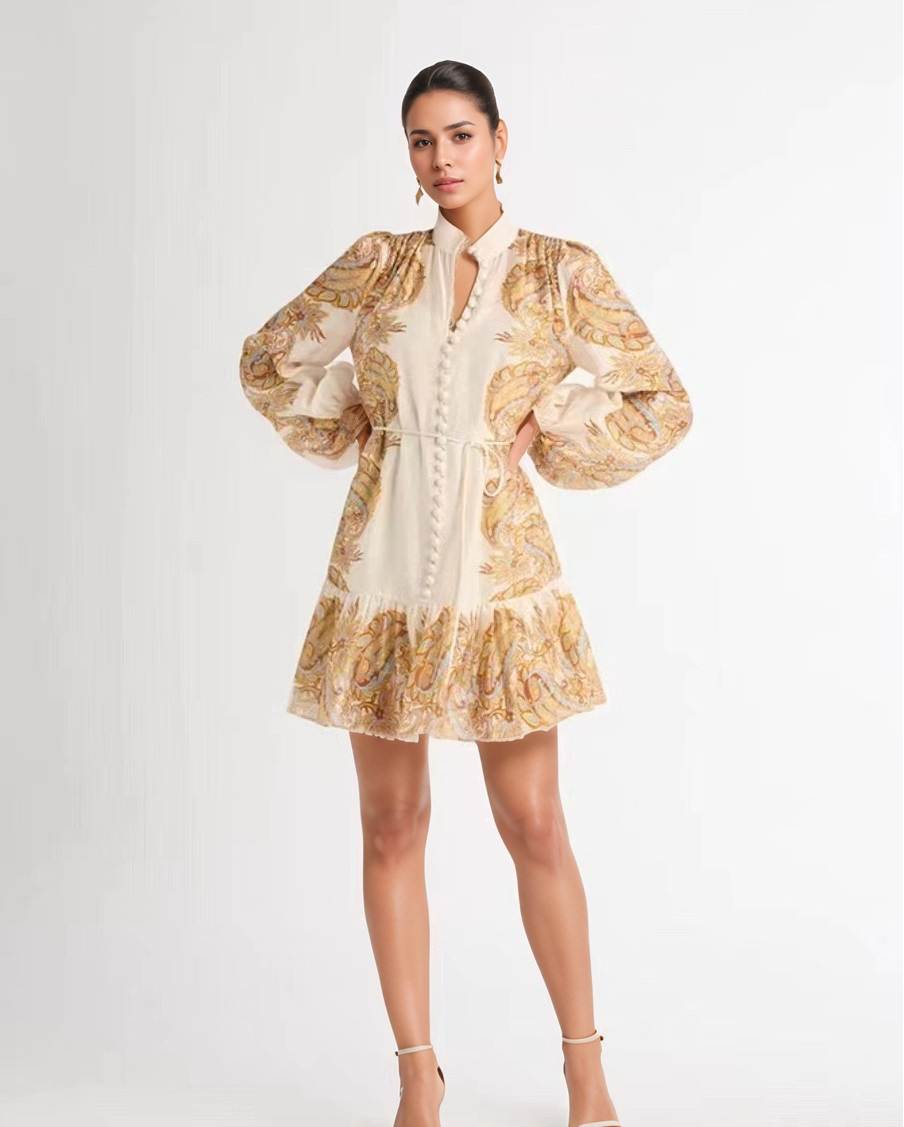 Retro Print Tie-Waist Dress with Lantern Sleeves