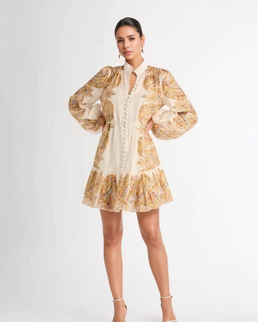 Retro Print Tie-Waist Dress with Lantern Sleeves