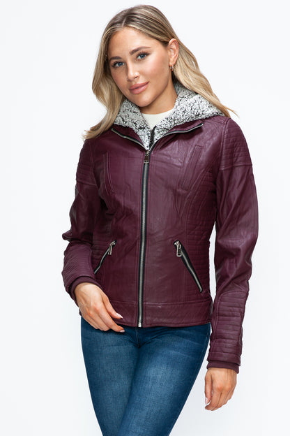 Faux Layered Double-Zipper Jacket with Fuzzy Hood