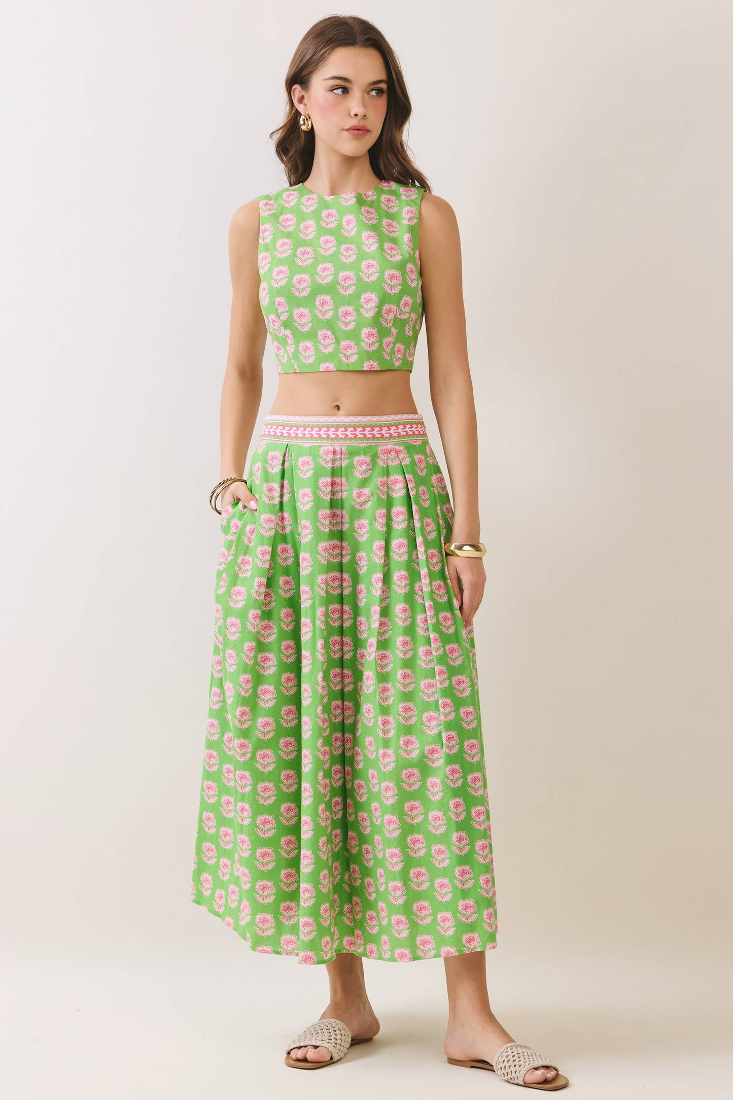 Floral Print Contrast Trim Detail Midi Skirt