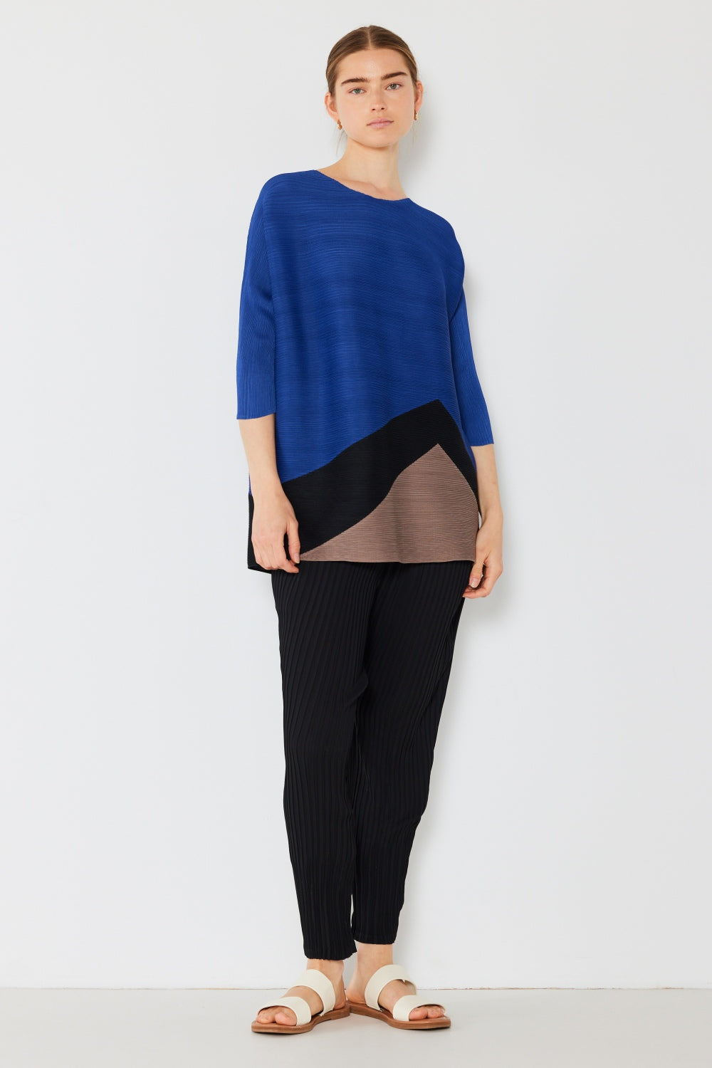 Marina Pleated Horizontal Rib Color Block Top