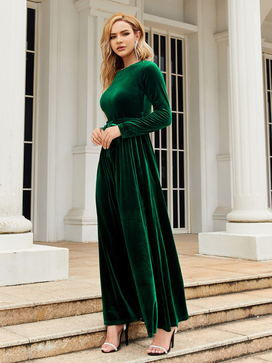 Holiday Tie Front Round Neck Long Sleeve Maxi Dress