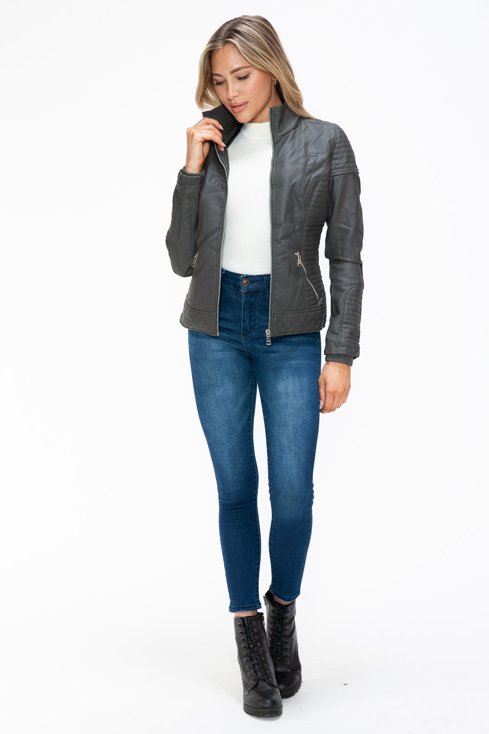 Faux Layered Double-Zipper Jacket with Fuzzy Hood