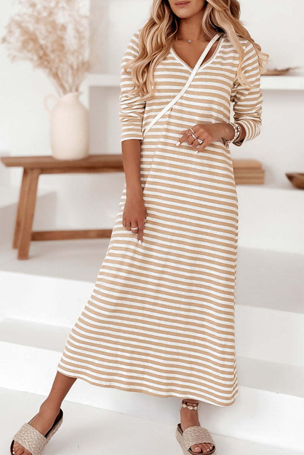 Khaki Striped V-neck Long Sleeve Casual Dress