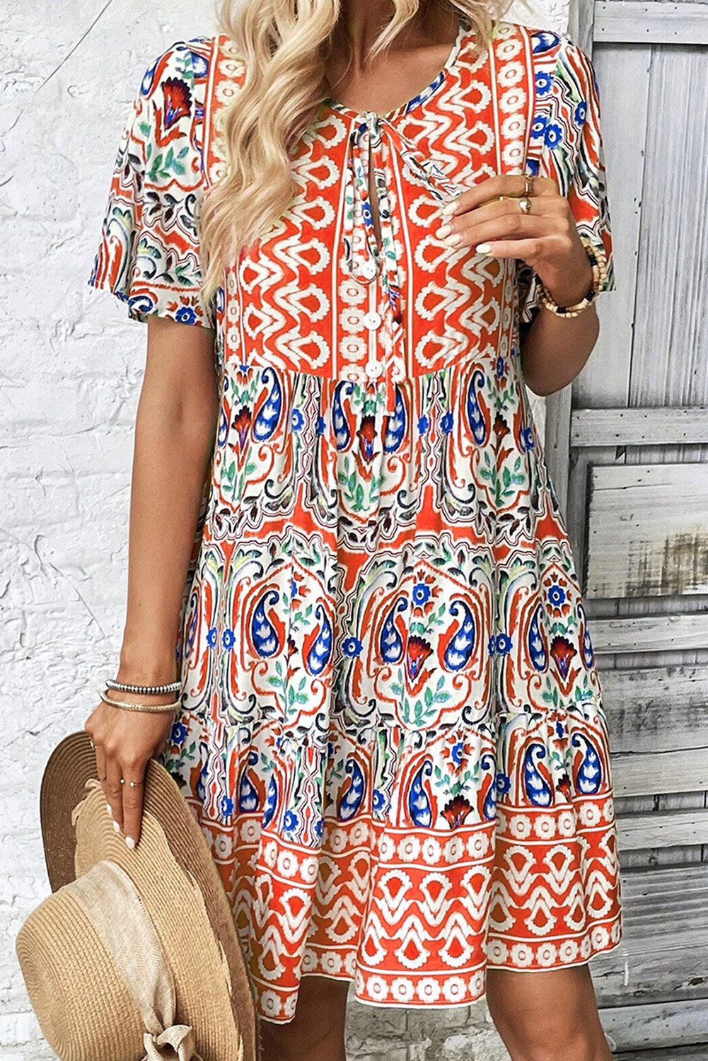 Orange Bohemian Print Tie Neck Ruffle Hem Short Dress