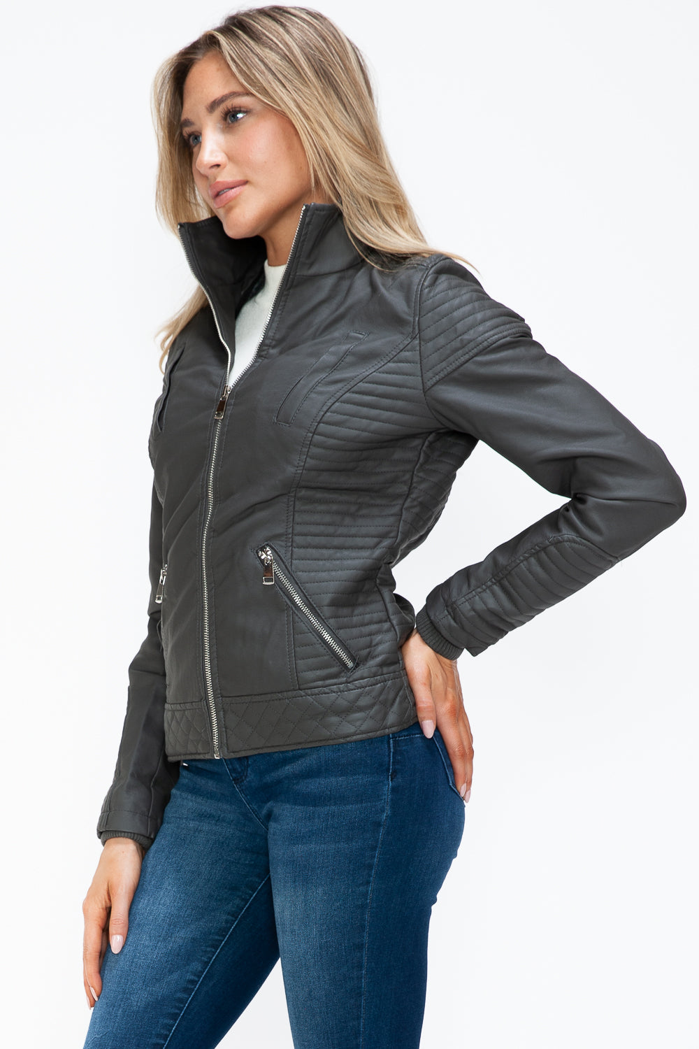 Faux Layered Double-Zipper Jacket with Fuzzy Hood