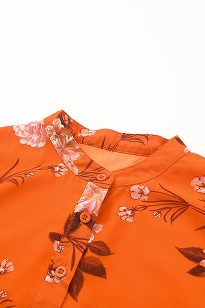 Orange Vintage Floral Print Drawstring Flowy Dress