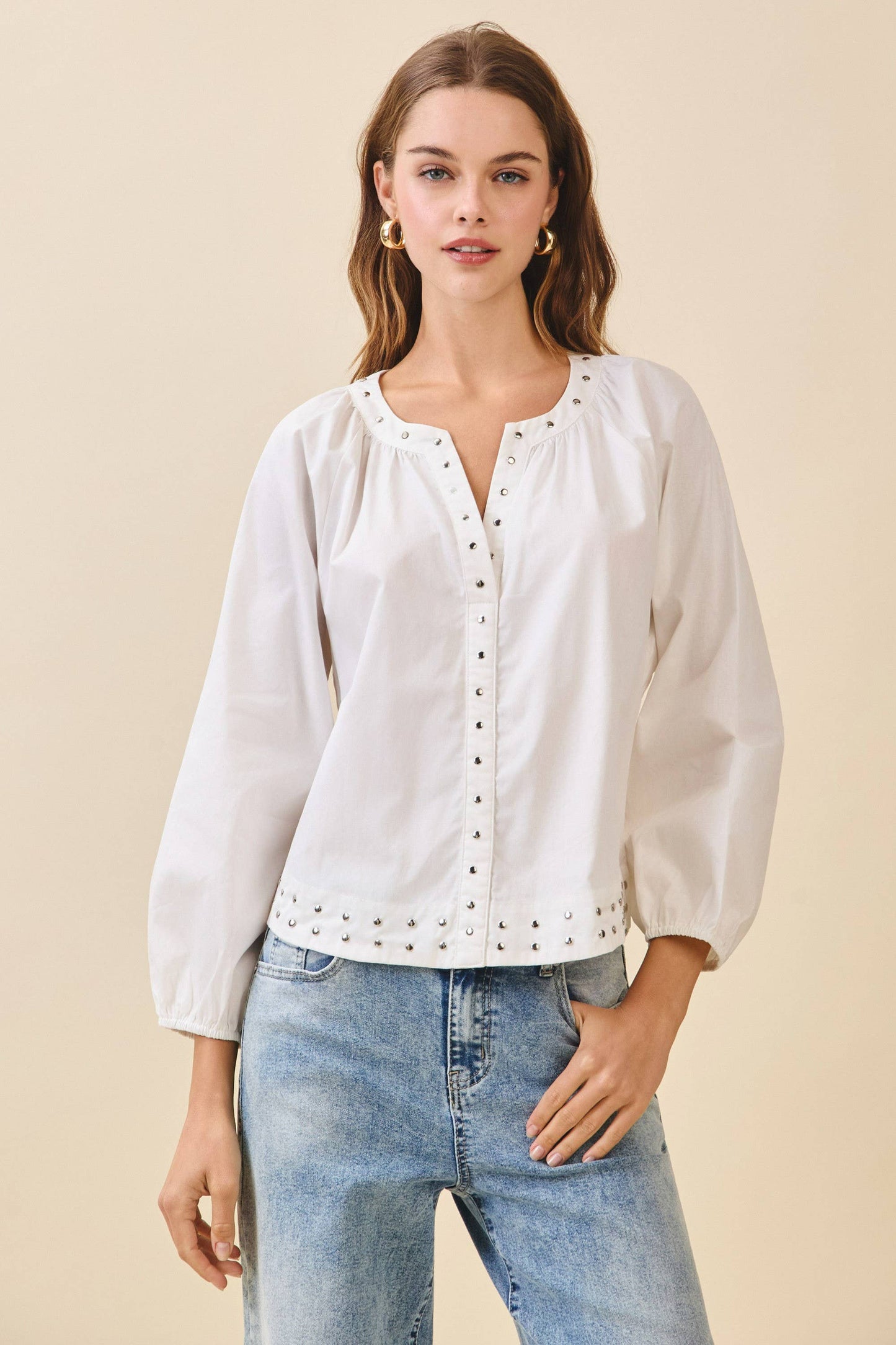 Carissa Silver Stud Embellishments Split Neckline Blouse