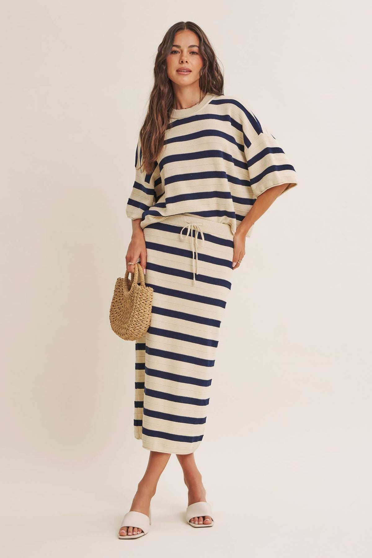WEEKEND IN CANNES SOFT DRAPE COTTON STRIPE RELAXED SWEATER