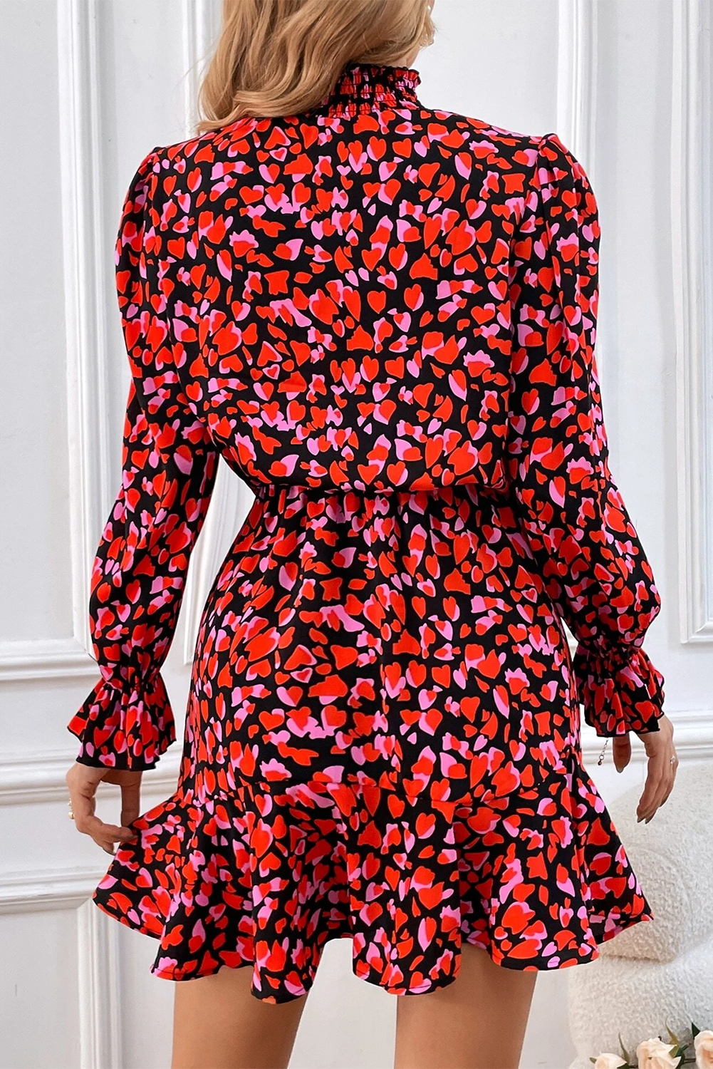 Red Heart Shape Print Long Sleeve Mini Dress