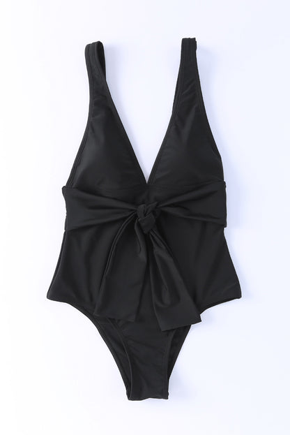 Black Deep V-Neck Tie Waist One-piece Swimsuit