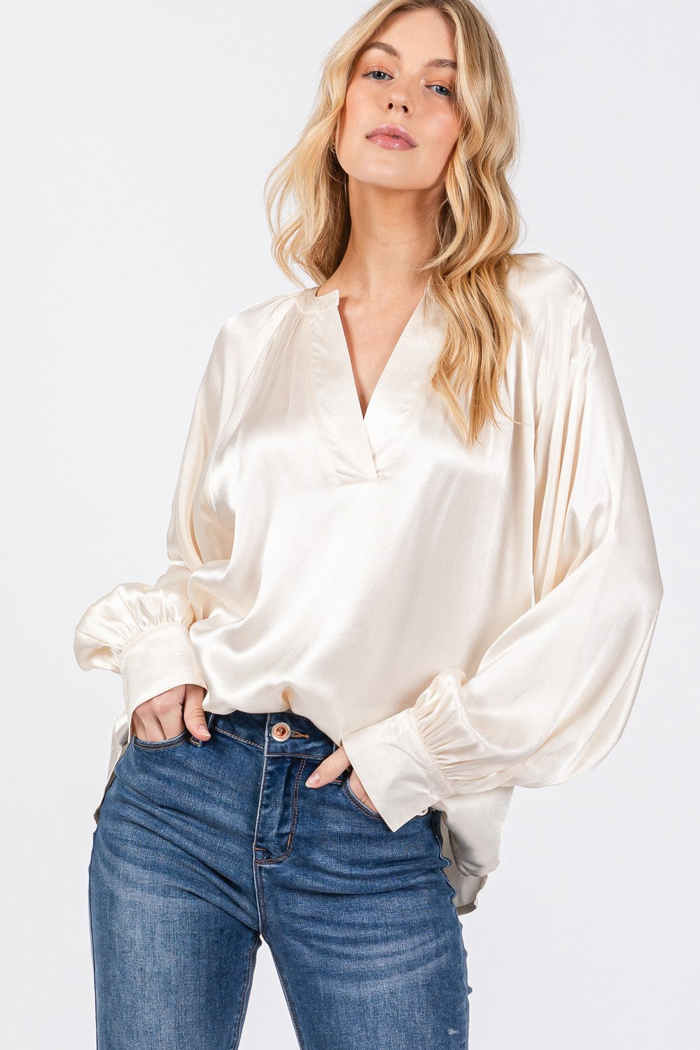 Satin Notched Long Sleeve Blouse