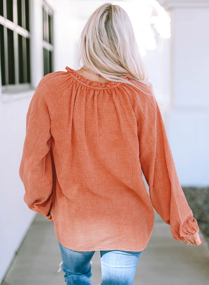 Orange Crinkle Textured Frill Split Neck Puff Sleeve Blouse