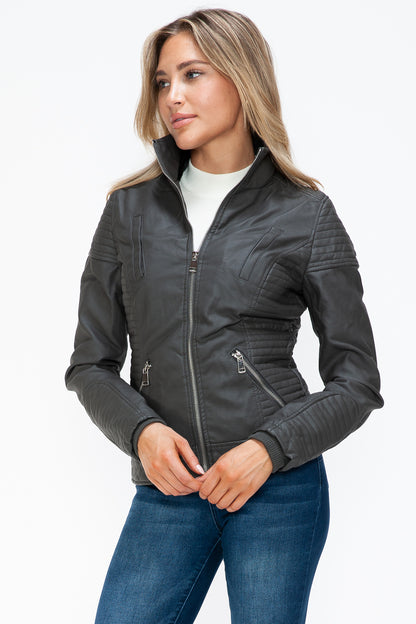 Faux Layered Double-Zipper Jacket with Fuzzy Hood