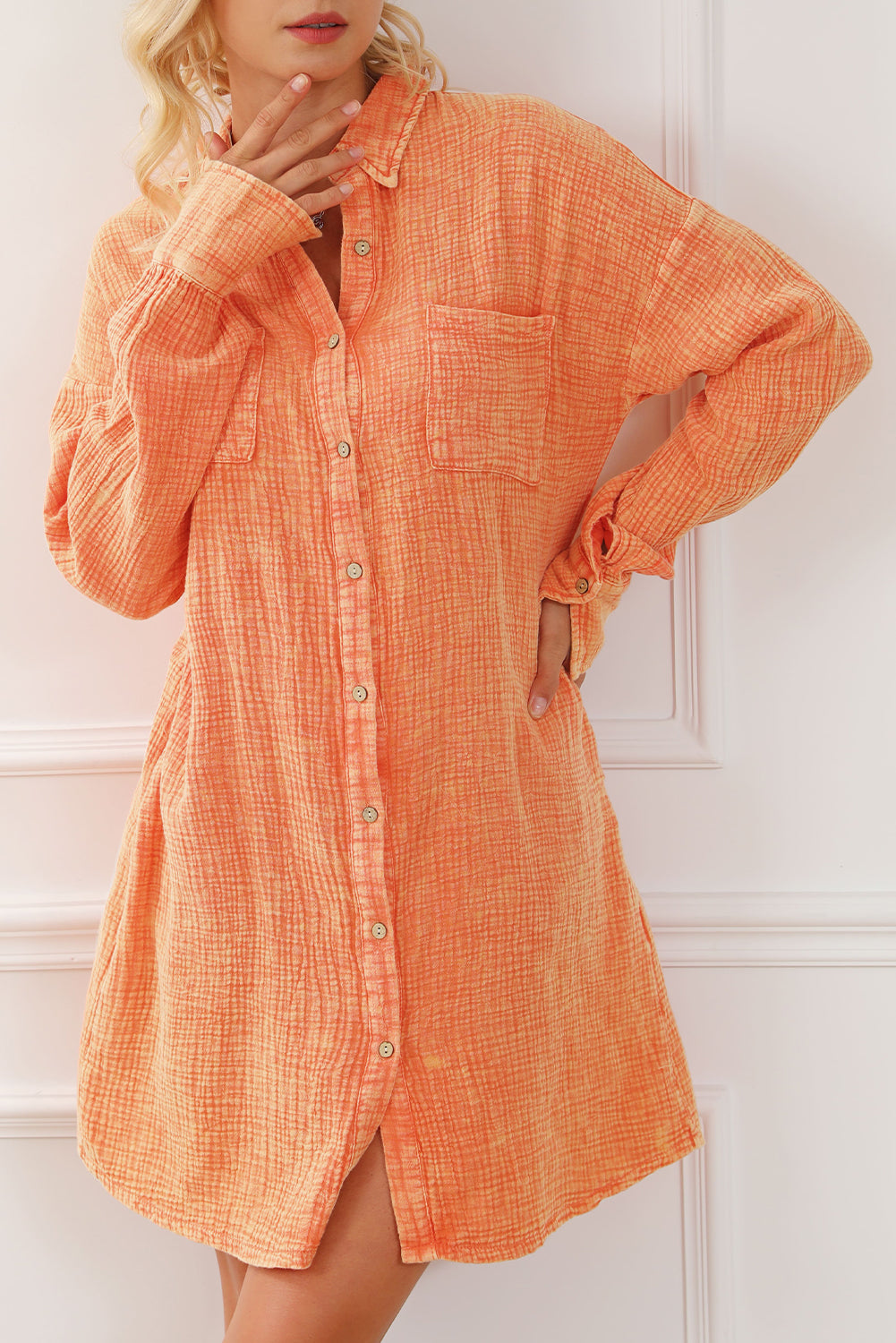 Orange Crinkled Dual Chest Pocket Oversized Shirt Dress