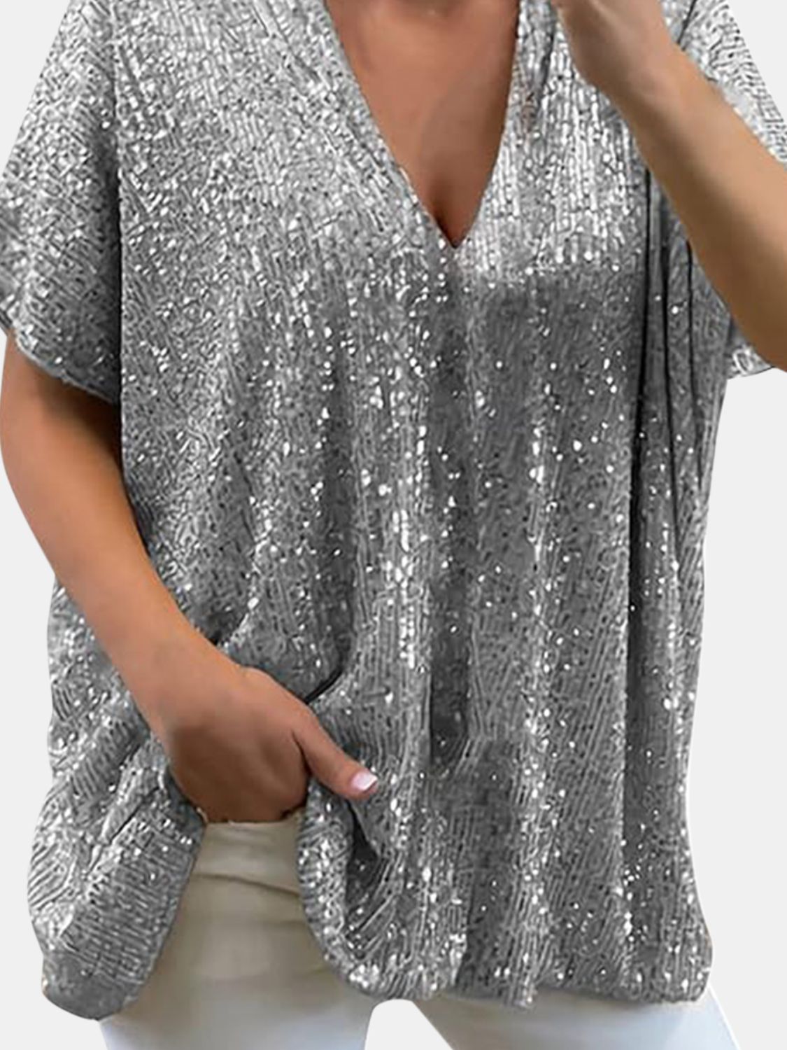 Size Inclusive Sequin V-Neck Short Sleeve Top