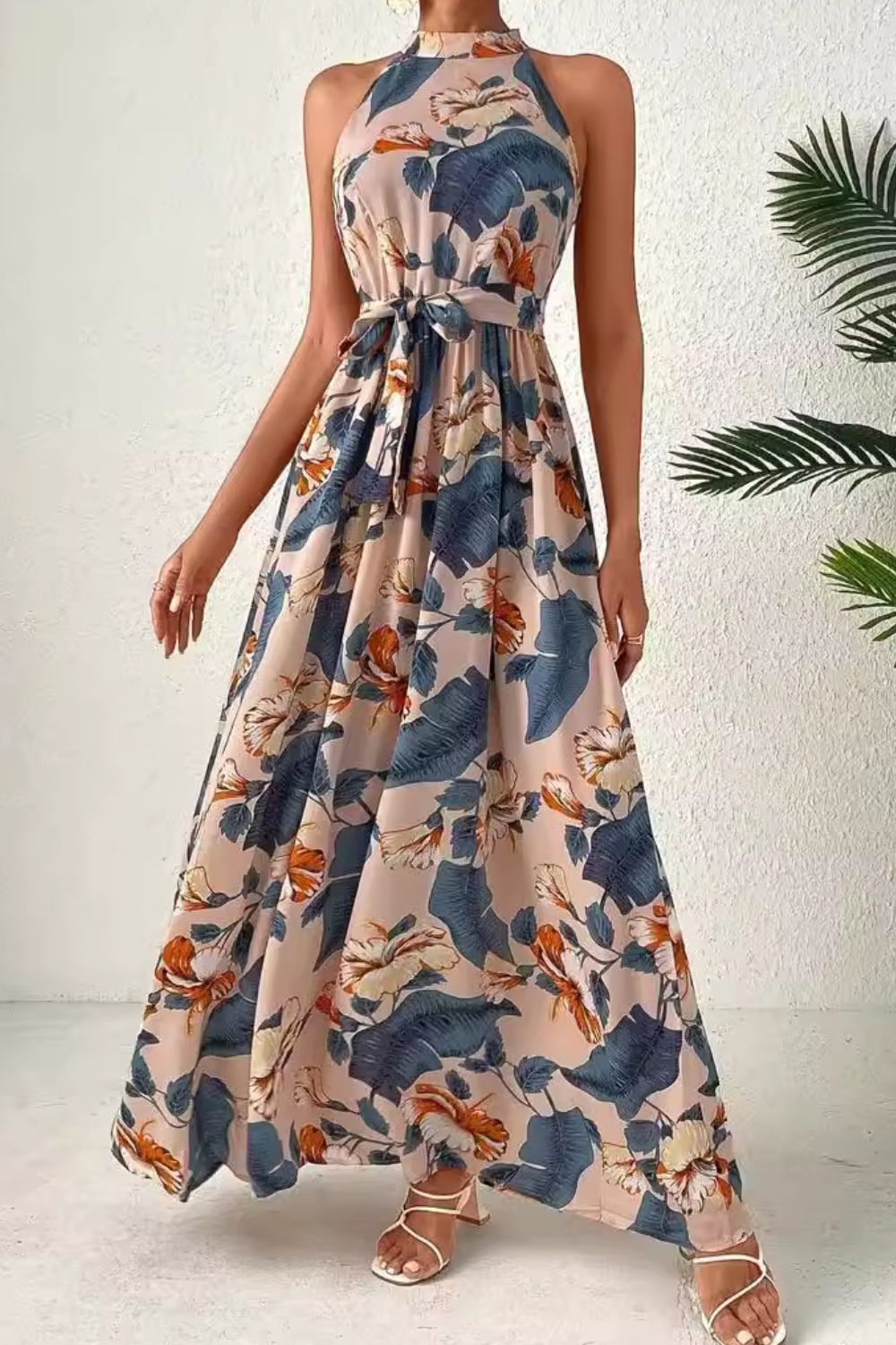 Tied Slit Abstract Print Sleeveless Dress