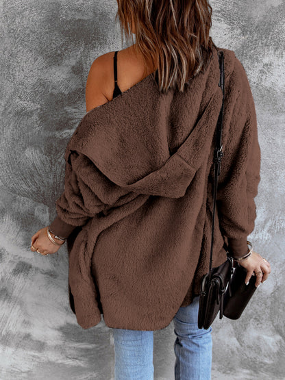 Open Front Hooded Faux Fur Outwear with Pockets