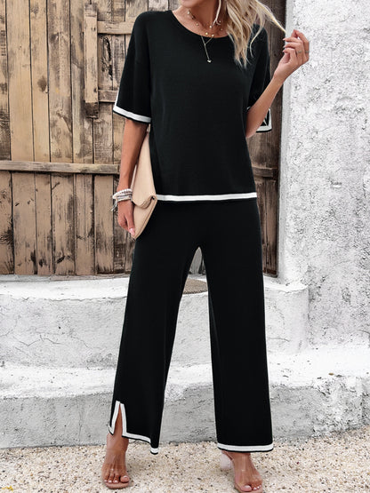 Divine Contrast Trim Round Neck Top and Pants Set