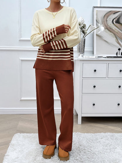 Divine Collection Slit Striped Round Neck Top and Pants Sweater Set