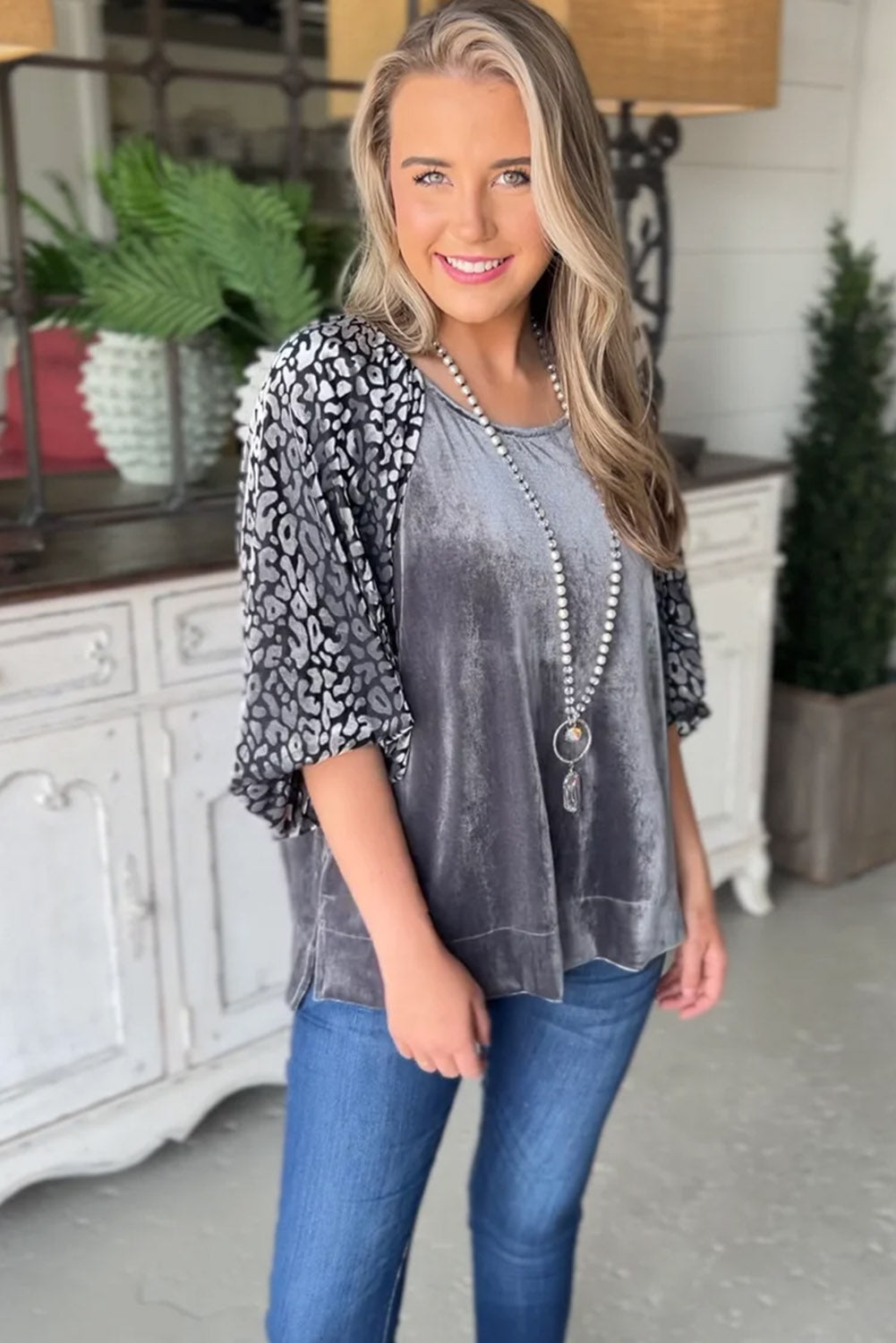 Medium Grey Leopard Lantern Sleeve Velvet Blouse