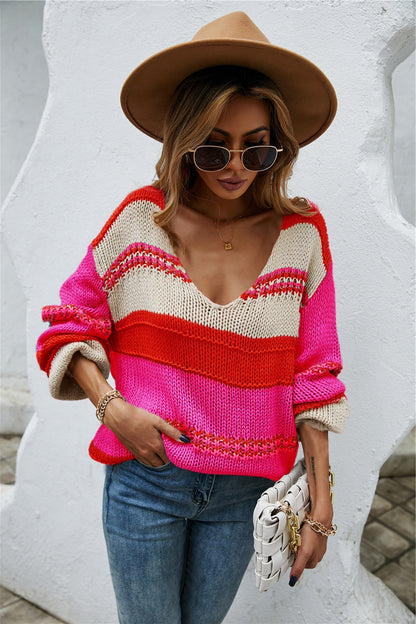 Multi Color Block V-Neck Dropped Shoulder Sweater