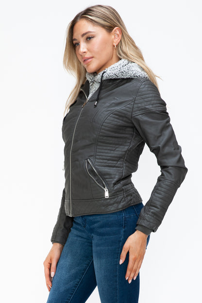 Faux Layered Double-Zipper Jacket with Fuzzy Hood