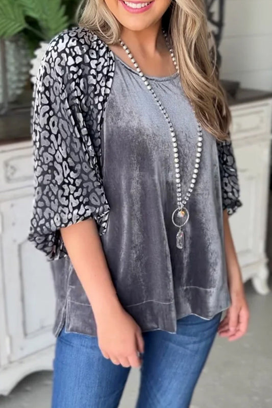 Medium Grey Leopard Lantern Sleeve Velvet Blouse