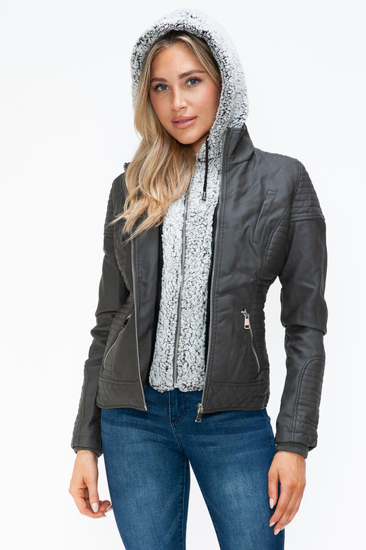 Faux Layered Double-Zipper Jacket with Fuzzy Hood