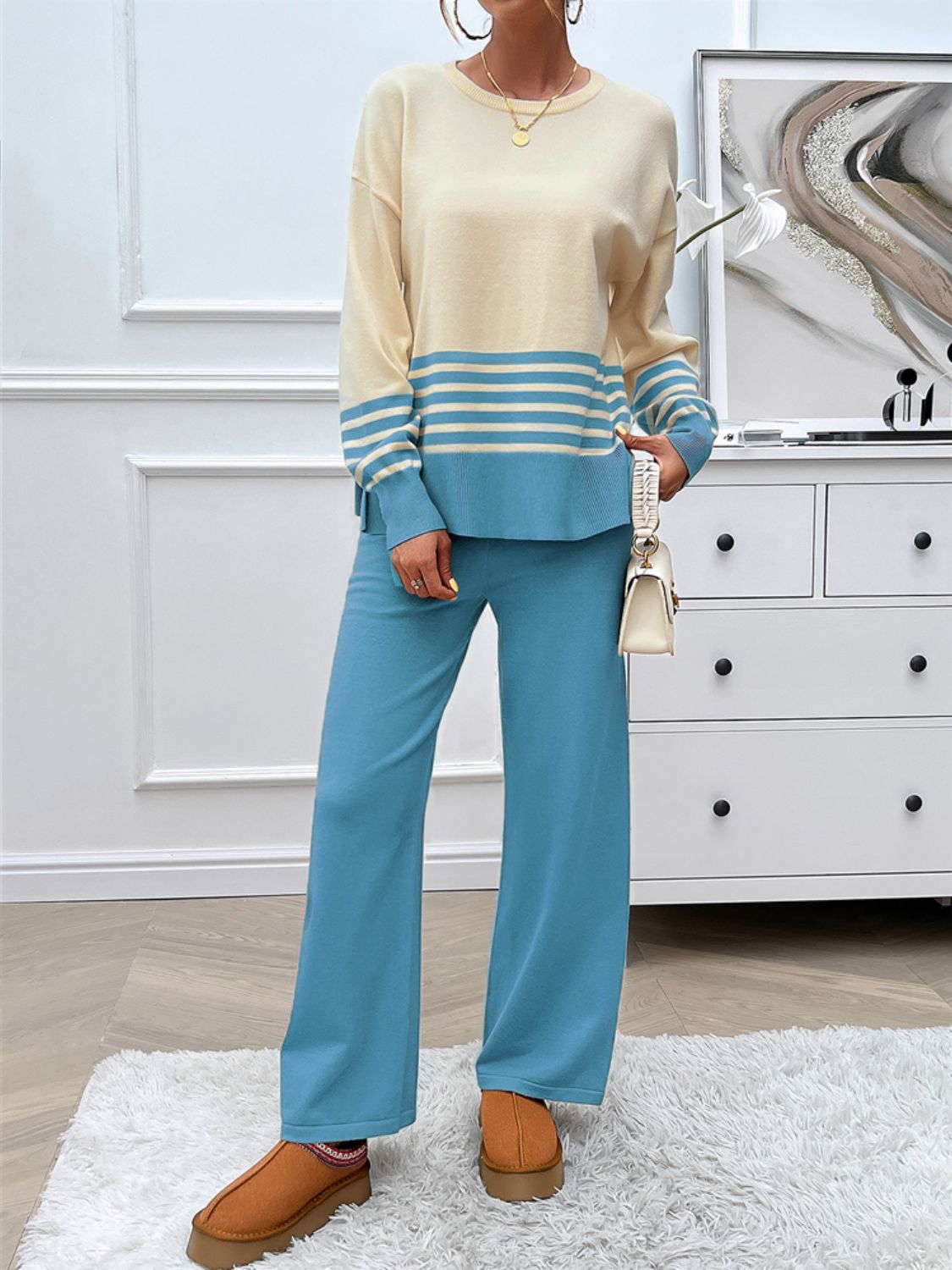 Divine Collection Slit Striped Round Neck Top and Pants Sweater Set