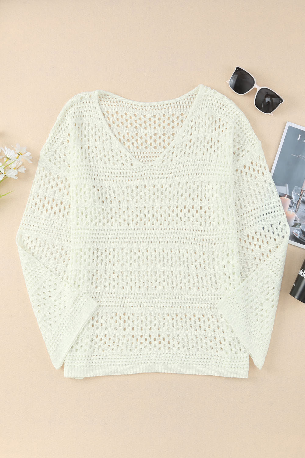 White Crochet V Neck Pullover Sweater