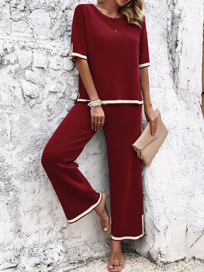 Divine Contrast Trim Round Neck Top and Pants Set