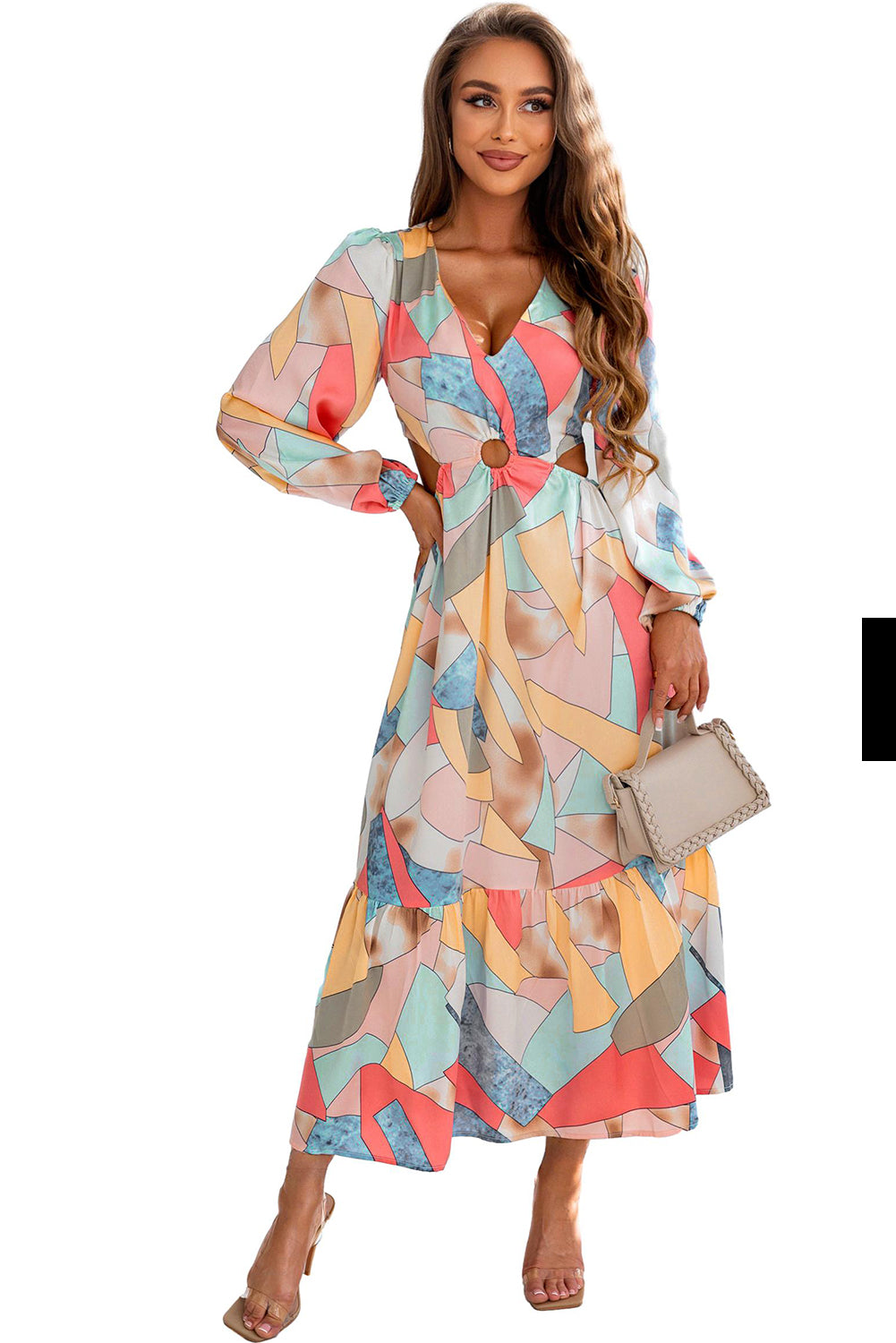 Mondrian Multicolor Abstract Print O-ring Cut-Out Long Sleeve Maxi Dress