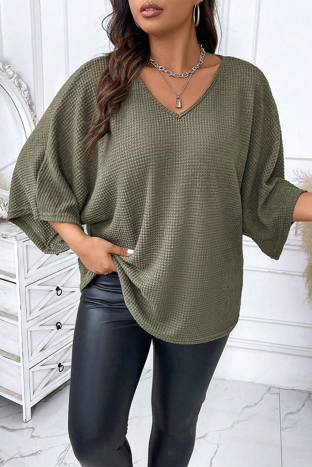 Green V-Neck Textured Knit Dolman Top