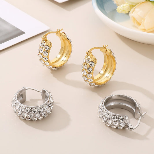 Pave Style Titanium Steel Rhinestone Hoop Earrings