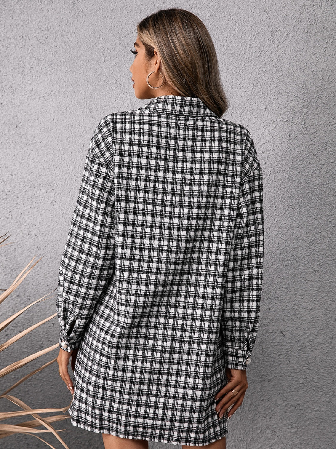 Pocketed Flannel Plaid Long Sleeve Shirt Dress