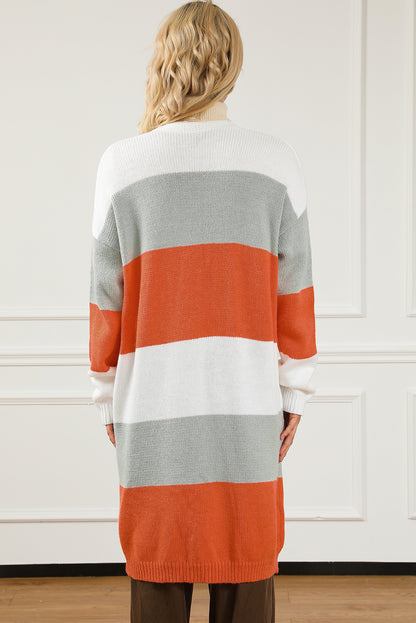 Orange Striped Color Block Drop Shoulder Midi Cardigan